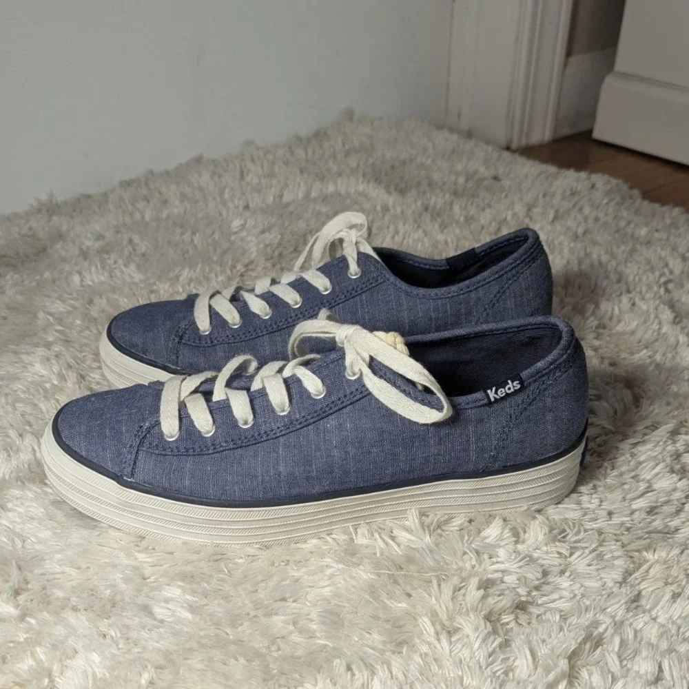 Coastal Preppy Platform Sneakers Keds Triple Kick Chambray Blue Womens 7.5